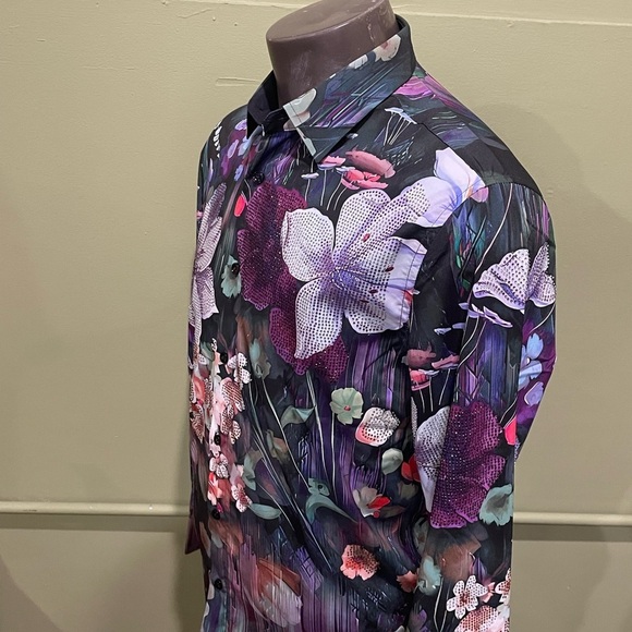 Deniko shirt button front eggplant floral rhinestones regular fit - Picture 2 of 4